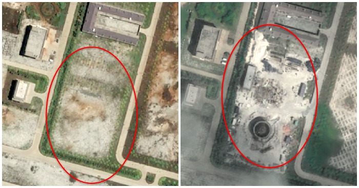 Ảnh vệ tinh chụp khu vực 1 của Đá Vành Khăn ở quần đảo Trường Sa của Việt Nam vào ngày 7/5/2020 (bên trái) và ngày 4/2/2021 (bên phải) (ảnh: Simularity).