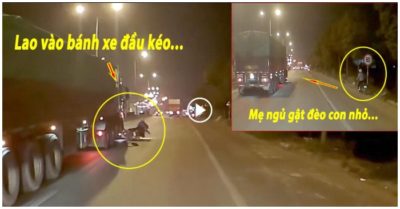 Video mẹ có dấu hiệu không tỉnh táo, đèo con nhỏ lao vào đầu xe container