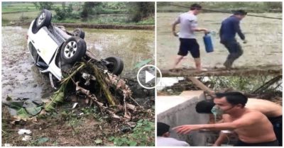 Video xe cấp cứu lao xuống ruộng, bệnh nhân thở oxy lồm cồm bò ra ngoài để gột rửa bùn