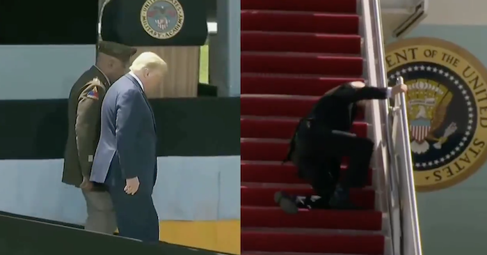 Giới truyền thông cánh tả rầm rộ đưa tin khi ông Trump đi chậm vào tháng 6/2020; nhưng im bặt khi ông Biden ngã 3 lần trên cầu thang lên máy bay vào ngày 19/3/2021 (ảnh chụp màn hình Twitter).