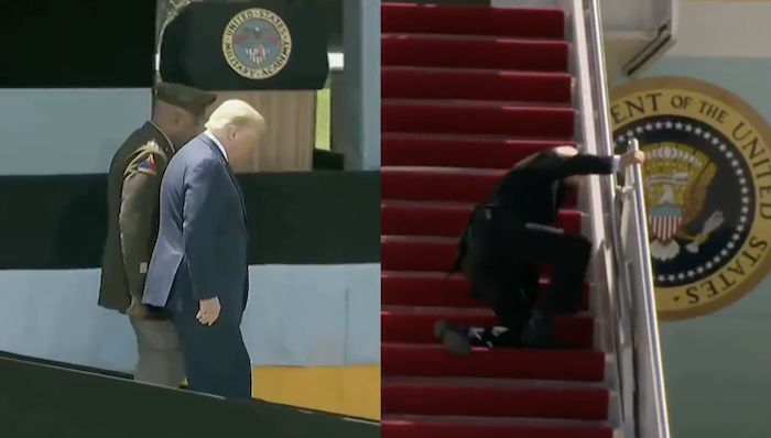 Giới truyền thông cánh tả rầm rộ đưa tin khi ông Trump đi chậm vào tháng 6/2020; nhưng im bặt khi ông Biden ngã 3 lần trên cầu thang lên máy bay vào ngày 19/3/2021 (ảnh chụp màn hình Twitter).