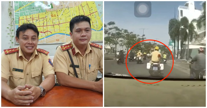 Hai đại úy cảnh sát giao thông hú còi giúp xe chở sản phụ đến bệnh viện. Ảnh ghép từ Youtube/Tuổi Trẻ.