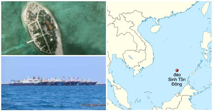 Philippines cho biết họ phát hiện hơn 200 tàu Trung Quốc tập trung gần đảo Sinh Tồn Đông thuộc huyện Trường Sa, tỉnh Khanh Hòa, Việt Nam vào ngày 7/3/2021 (ảnh ghép từ Wikipedia).