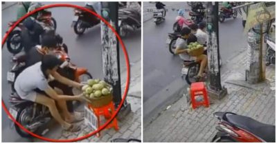 Video 3 thanh niên nhoài người trộm rổ xoài để trên vỉa hè rồi phóng xe đi mất
