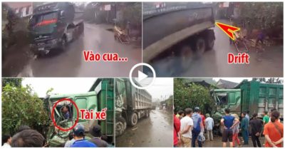 Video: Kinh hoàng xe đầu kéo chạy ẩu, ‘drift’ vào cua tông bẹp đầu xe ben
