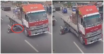 Video phản xạ cực nhanh người đàn ông tự cứu mạng mình, suýt bị xe đầu kéo cán trúng đầu