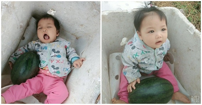 Em bé rất ngoan khi ở trong thùng xốp cùng một quả dưa hấu