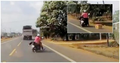 Video đang đi thì loạng choạng tay lái, hai vợ chồng tự ngã rồi lao xuống rìa đường