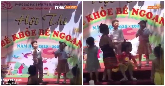 Hai bé mầm non hát ca khúc không phù hợp ngay trên sân khấu Hội thi Bé khỏe - Bé ngoan.