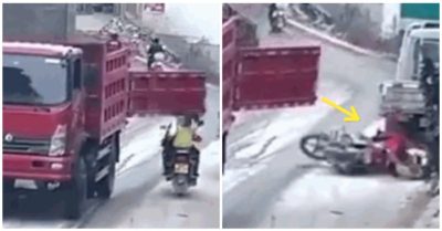 Video nắp thùng xe tải bất ngờ bung, va  trúng mặt người đàn ông đang chở theo vợ và con nhỏ