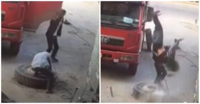 Video lốp ô tô phát nổ kinh hoàng, hất văng người đàn ông lên không trung