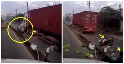 Video container chạy trong làn xe máy, ép người đàn ông chở rau tông vào con lươn