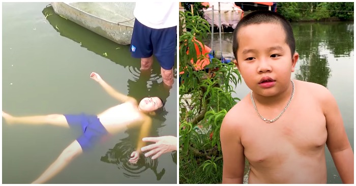 Bé trai có khả năng tự nổi trên mặt nước sau khi học bơi được 2 ngày (ảnh cắt từ clip).