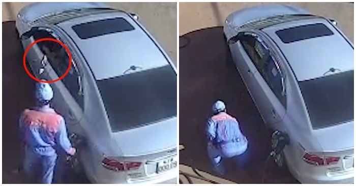 Tài xế ôtô vứt tiền xuống đất cho nhân viên cây xăng (ảnh cắt từ clip).