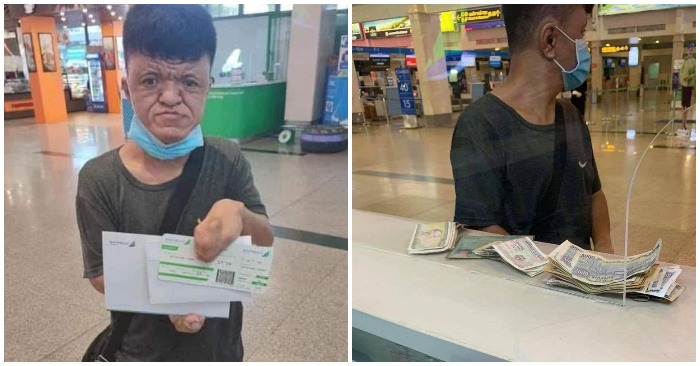 Chàng trai khuyết tật không có ngón tay, nên không làm được giấy tờ tuỳ thân được nhân viên tại sân bay giúp đỡ mua vé máy bay về quê thăm bố bị tai biến (ảnh facebook).