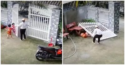 Clip: Cánh cửa sắt bất ngờ đổ sập khi 2 bé gái nhảy lên chơi đùa