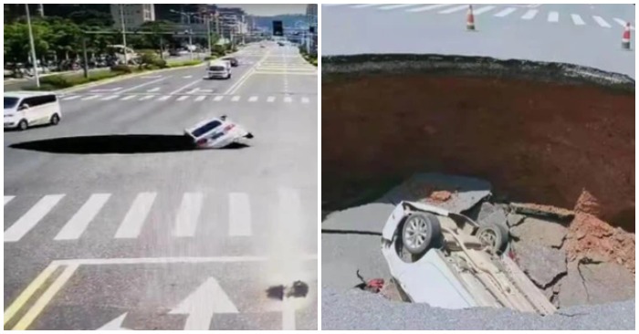 Chiếc ôtô con bất ngờ rơi xuống "hố tử thần" nằm giữa ngã tư (ảnh chụp màn hình trên Tri Thức Trẻ).