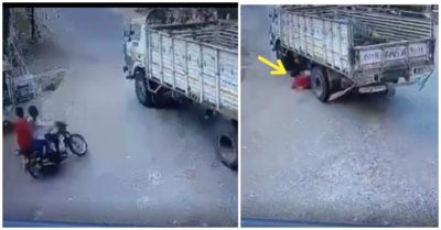 Video: Lao thẳng vào gầm xe tải, 2 thanh niên có màn thoát nạn khó tin