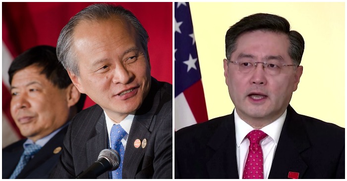 Cựu đại sứ Trung Quốc tại Mỹ Thôi Thiên Khai (ở giữa) và người kế nhiệm Tần Cương (ảnh: Flickr/Youtube).