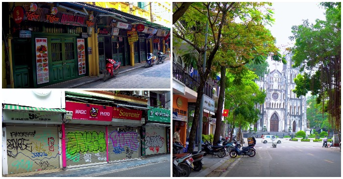 Các cửa hàng tại phố cổ Hà Nội thường đông khách, giờ vắng tanh. Các tiểu thương đang cố gắng cầm cự với dịch Covid-19. Ảnh chụp từ video Explore Hanoi/ Youtube.