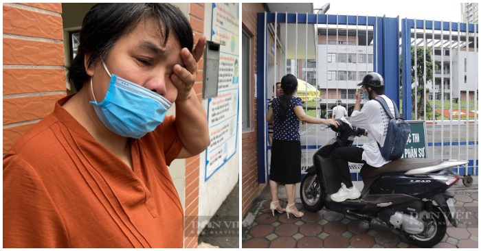 Bà Hường bật khóc vì con đến điểm thi muộn phải đứng ở ngoài cổng trường (ảnh chụp màn hình trên báo Dân Việt).