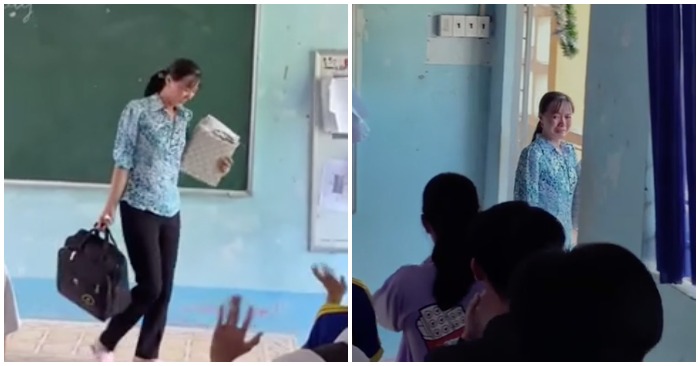 Cô giáo bật khóc trong giây phút chia tay học trò trong buổi học cuối cùng (ảnh cắt từ clip).