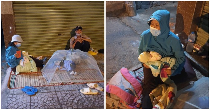 Vợ chồng anh Hạnh với hai đứa con, bé lớn 14 tháng tuổi, bé nhỏ mới sinh 2 tháng phải ngủ ngoài đường gần 1 tháng qua (ảnh chụp màn hình trên trang Ngoisao.net).