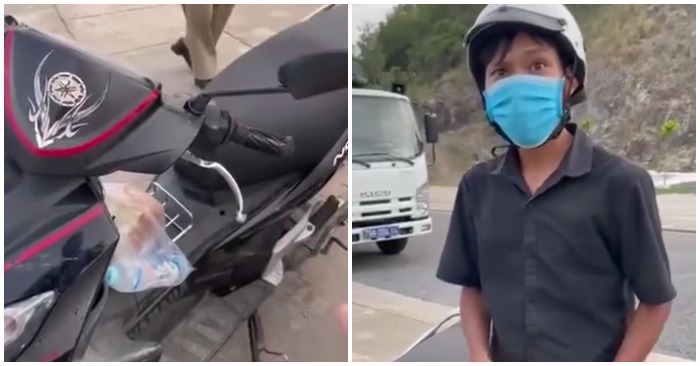 Lực lượng chức năng phường Vĩnh Hoà (TP. Nha Trang, tỉnh Khánh Hoà) giữ xe, giữ giấy tờ và một công nhân đi mua bánh mì (ảnh cắt từ clip).