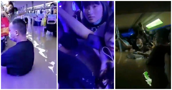 Ảnh chụp màn hình các video ghi lại cảnh tượng nước lũ dâng lên trong tàu điện ngầm Trung Quốc ở thành phố Trịnh Châu hôm 20/7/2021.