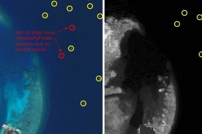 Các hình ảnh vệ tinh cho thấy hàng trăm tàu Trung Quốc xả chất thải thô của con người khi các tàu chiếm đóng phi pháp quần đảo Trường Sa (ảnh: Simularity).