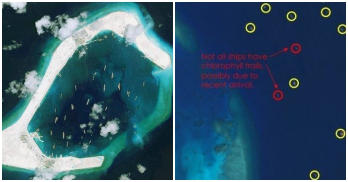 Công ty phân tích hình ảnh vệ tinh Simularity công bố các bức ảnh về hoạt động xả thải bừa bãi của Trung Quốc ở Biển Đông (ảnh: DigitalGlobe/Simularity).