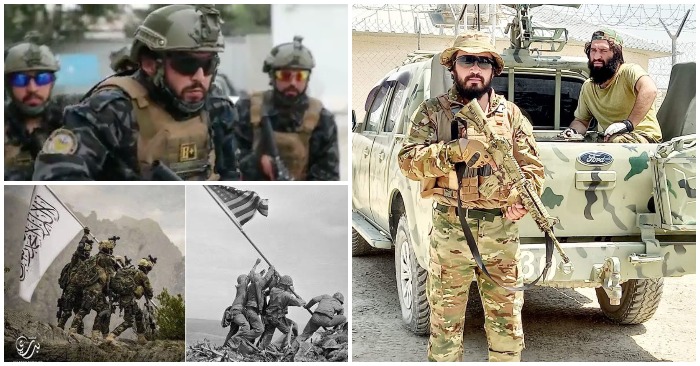 Lính Taliban mặc quân phục Mỹ, bắt chước các hành động của quân đội Mỹ (ảnh: Twitter).