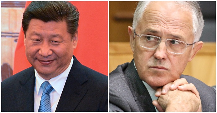 Chủ tịch Trung Quốc Tập Cận Bình; Cựu Thủ tướng Úc Malcolm Turnbull (ảnh: Wikimedia Commons). Ông Turnbull nói Trung Quốc đã thất bại khi bắt nạt Úc.