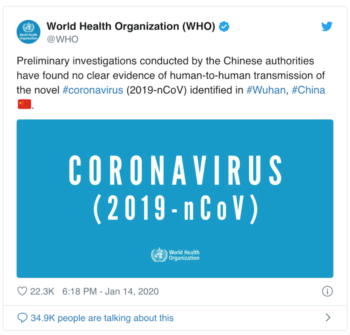 Tổ chức Y tế Thế giới vào tháng 1 năm 2020 đăng tuyên truyền sai lệch của Trung Quốc rằng virus corona gây bệnh Covid-19 không lây từ người sang người (ảnh chụp màn hình Twitter).
