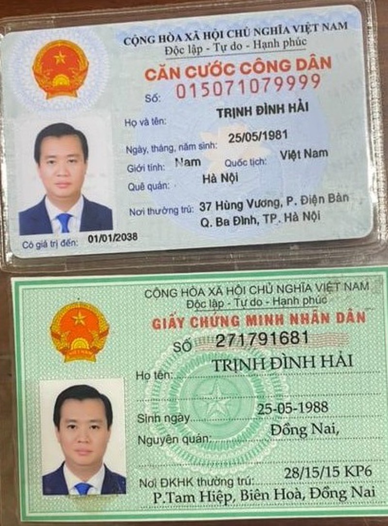 Người đàn ông tên Trịnh Đình Hải có thẻ căn cước ghi địa chỉ thường trú ở Hà Nội (sai tên phường); và chứng minh thư có địa chỉ thường trú ở Đồng Nai (ảnh: PLO).