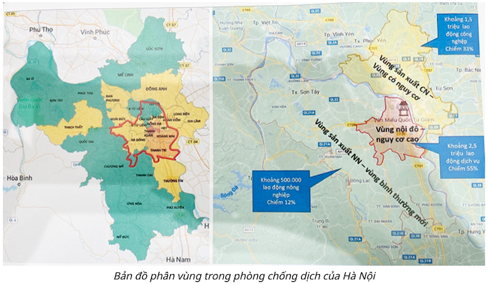 Bản đồ phân vùng trong phòng chống dịch của Hà Nội (ảnh chụp màn hình Vietnamnet).