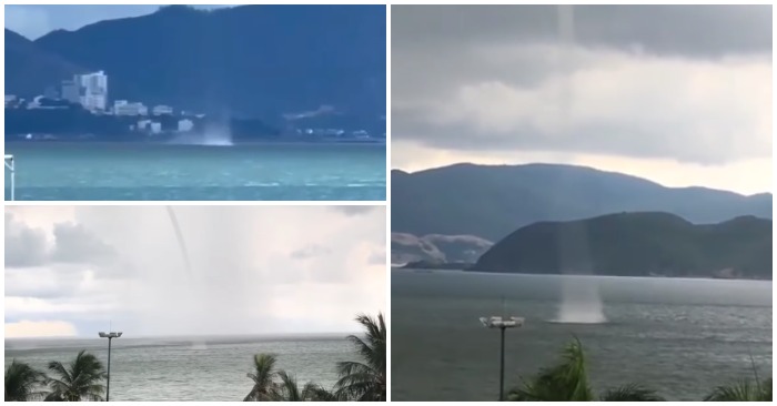 Ba vòi rồng xuất hiện cùng lúc trên vịnh Nha Trang, tỉnh Khánh Hòa được người dân ghi lại (ảnh cắt từ clip).