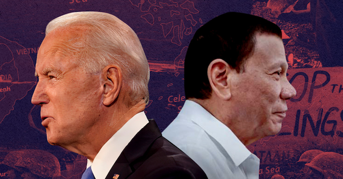 Chính quyền Joe Biden thể hiện lập trường mềm mỏng với Trung Quốc; Tổng thống Philippines Rodrigo Duterte (bên phải) nói rằng có thể lén tiêm cho những ai không muốn tiêm vắc xin Covid (ảnh chụp màn hình Rappler).