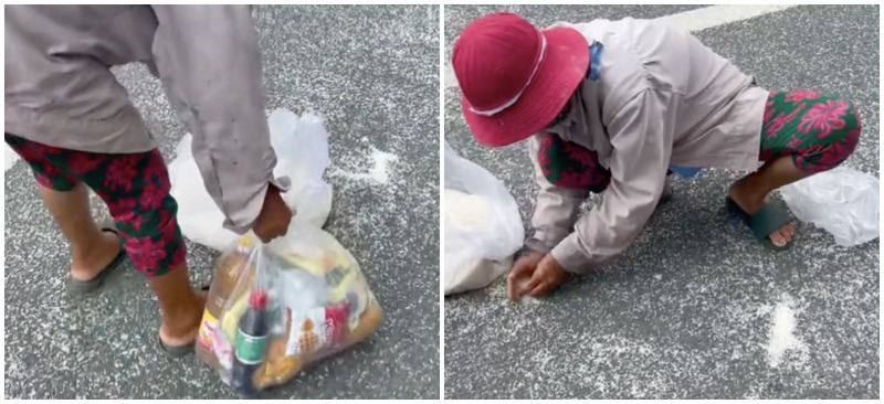 Người phụ nữ được cô gái tặng bịch quà mới, nhưng vẫn cố gắng nhặt nốt chỗ gạo rơi trên đường (ảnh cắt từ clip)