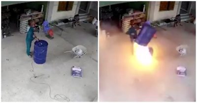 Clip thùng phuy bất ngờ phát nổ, người đàn ông thoát nạn trong gang tấc
