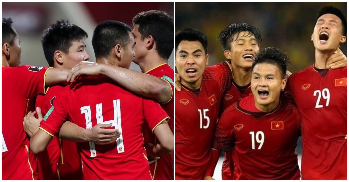 Các cầu thủ bóng đá Trung Quốc (bên trái) và Việt Nam (ảnh chụp màn hình từ báo Lao Động và Zing). Các BLV cho rằng Việt Nam có thể ghi điểm trước, thậm chí thắng Trung Quốc trong trận đấu ngày 8/10/2021.