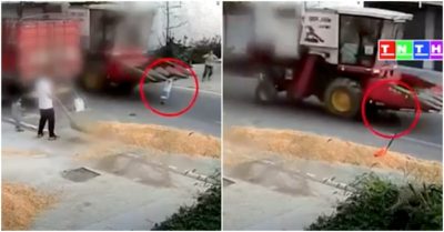 Video: Bất cẩn chạy ra đường, cậu bé bị máy gặt lúa “nuốt gọn” vào gầm