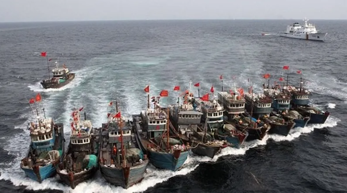 Một đội tàu cá Trung Quốc (ảnh chụp màn hình Eurasia Review). Trung Quốc khai thác tận diệt khiến Biển Đông đứng trước nguy cơ trở thành "sa mạc nước".