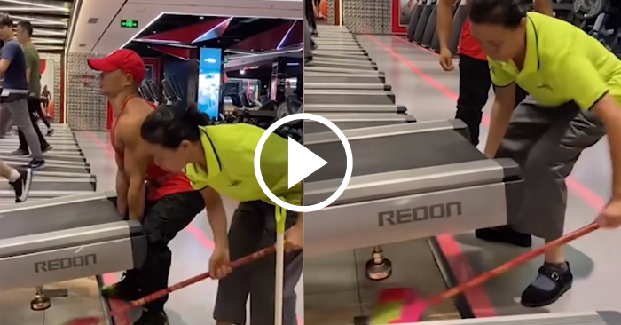 Video: Chị lao công một tay nâng máy chạy bộ làm chàng trai cơ bắp sượng sùng