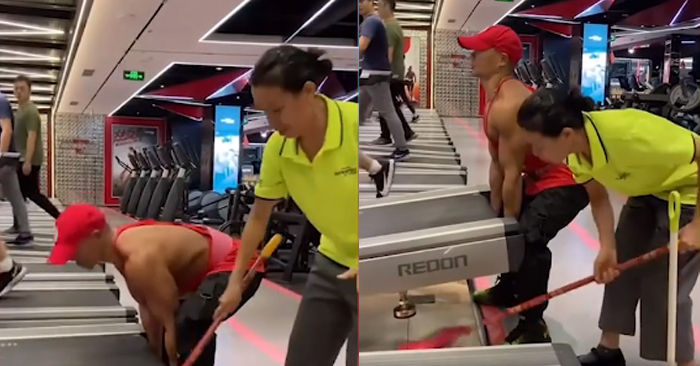Video: Chị lao công một tay nâng máy chạy bộ làm chàng trai cơ bắp sượng sùng