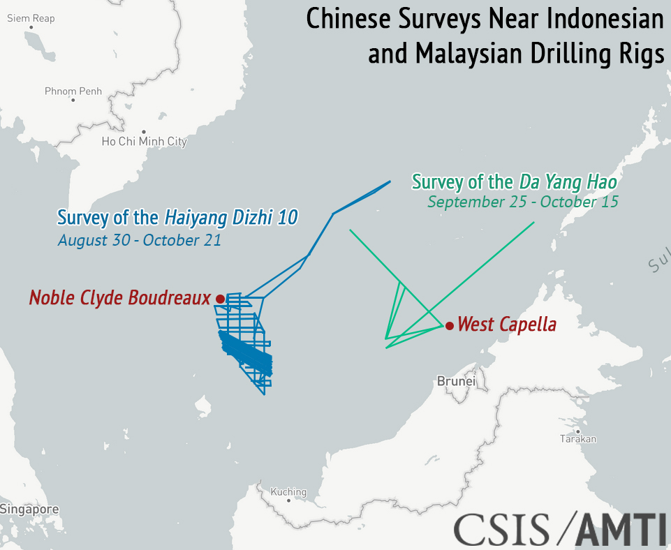Tàu khảo sát Trung Quốc thăm dò dầu khí gần các giếng dầu của Indonesia và Malaysia ở Biển Đông (ảnh: AMTI).