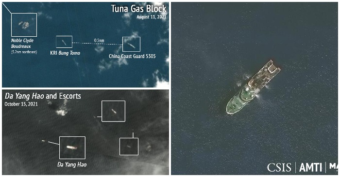 Các ảnh vệ tinh cho thấy tàu khảo sát Trung Quốc thăm dò dầu khí ở gần các điểm khoan dầu của Malaysia và Indonesia ở Biển Đông (ảnh: AMTI).