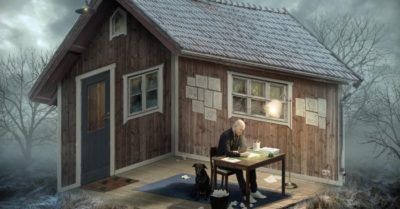 Người đàn ông đang ngồi trong hay ngoài nhà?