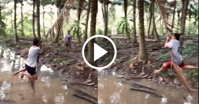 Video: "Học đòi" đu tàu dừa qua mương nước và cái kết