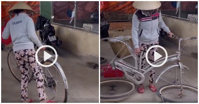 Những bộ phận của xe đạp rụng rời như sung khiến người phụ nữ ngơ ngác (ảnh cắt từ clip).